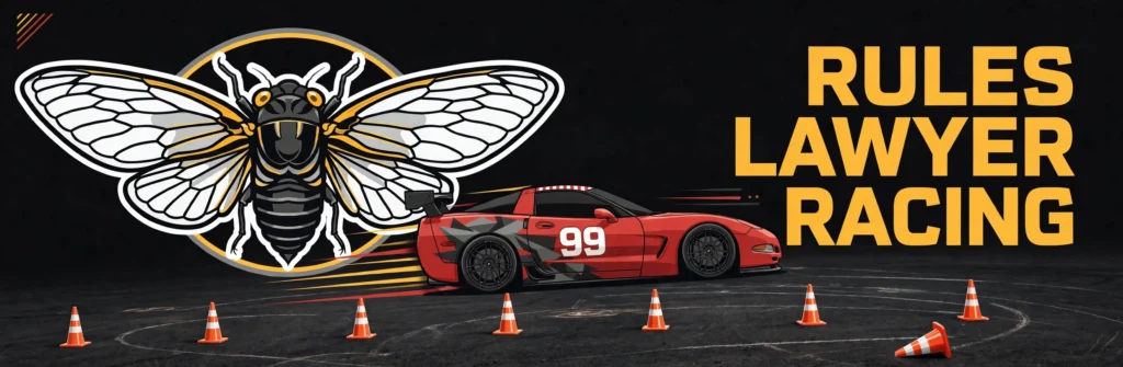Rules Lawyer Racing banner: cicada emblem, red Corvette and autocross cones